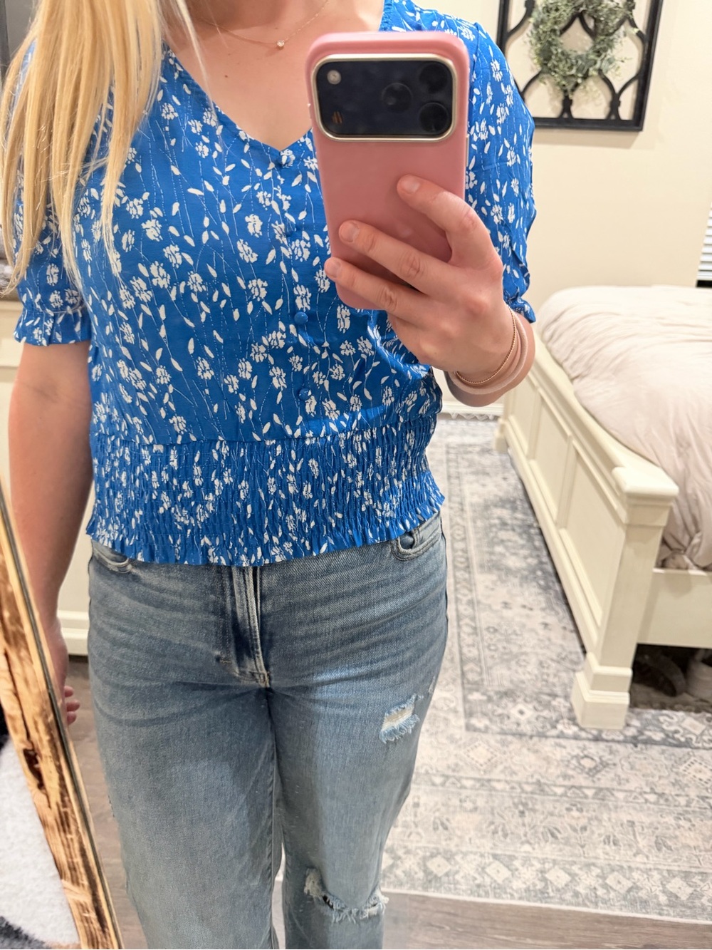 Hayden Blue Floral Smocked Hem V-Neck Blouse